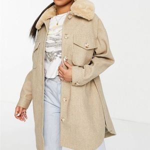 ASOS Miss Selfridge faux fur collar shacket in brown